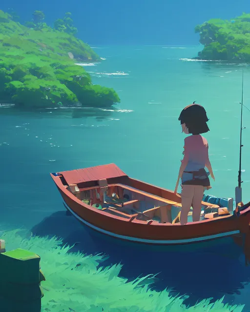 Image similar to small fishing boats around turtle shaped island, lush vegetation, azure water, glowing light, cory loftis, james gilleard, atey ghailan, makoto shinkai, goro fujita, studio ghibli, rim light, exquisite lighting, clear focus, very coherent, plain background, soft painting