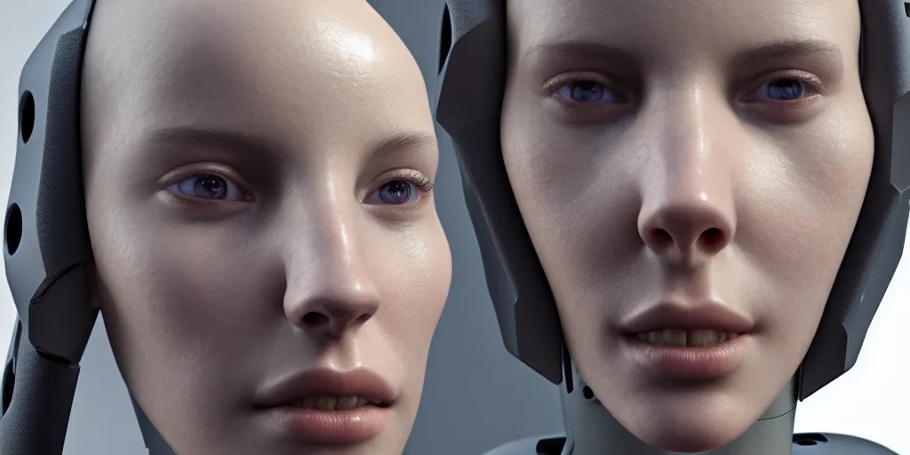 Image similar to hyper realistic symmetricial human face, ex machina, glossy material hard surface, body armour, octane render, 4 k, volumetric lights