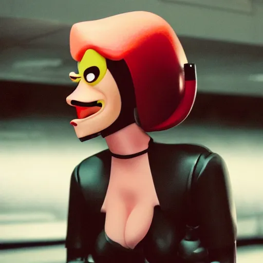 Prompt: still image of lila from futurama in the dark knight, cinematic, anamorphic, 8 0 mm f / 2. 8 l, 3 5 mm film, movie