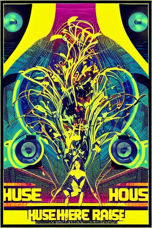 Prompt: “House music rave with dancers, spotlights, very large loudspeakers. Art Nouveau poster”