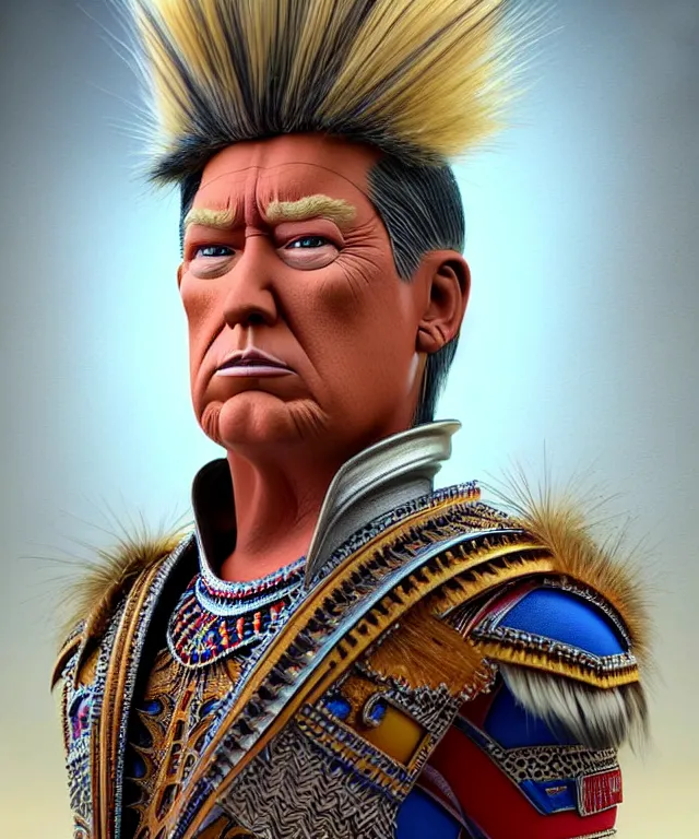 Image similar to hyperrealistic mixed media painting of Donald Trump as a Navajo doll, stunning 3d render inspired art by P. Craig Russell and Barry Windsor-Smith + perfect facial symmetry + dim volumetric lighting, ornate gothic armor, head and shoulders, d&d, arms crossed, serious expression, 8k octane beautifully detailed render, post-processing, extremely hyperdetailed, intricate, epic composition, grim yet sparkling atmosphere, cinematic lighting + masterpiece, trending on artstation, very very detailed, masterpiece, stunning