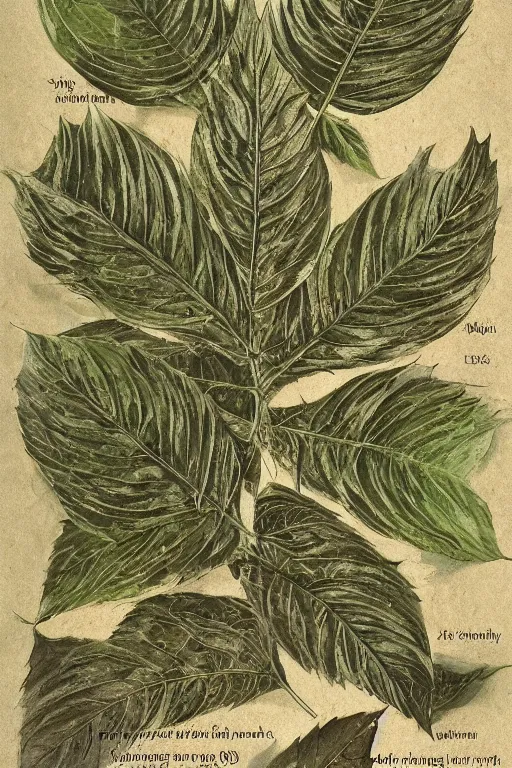 Image similar to scan of smiling leaves of an old cursed herbarium, by john howe, infographic, textbook, marginalia, cursed, alien