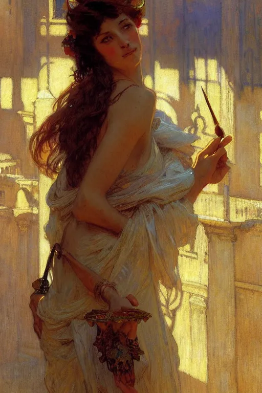 Prompt: attractive woman, florence, painting by gaston bussiere, craig mullins, greg rutkowski, alphonse mucha