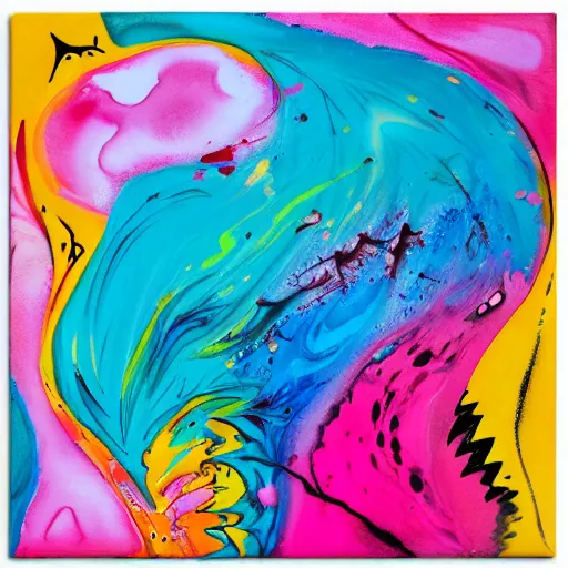 Image similar to acrylic paint pour, watercolor, marbling, graffiti, very detailed, large white border, 144x144 canvas 8k 4k :1 Black, Pink and Cyan:1