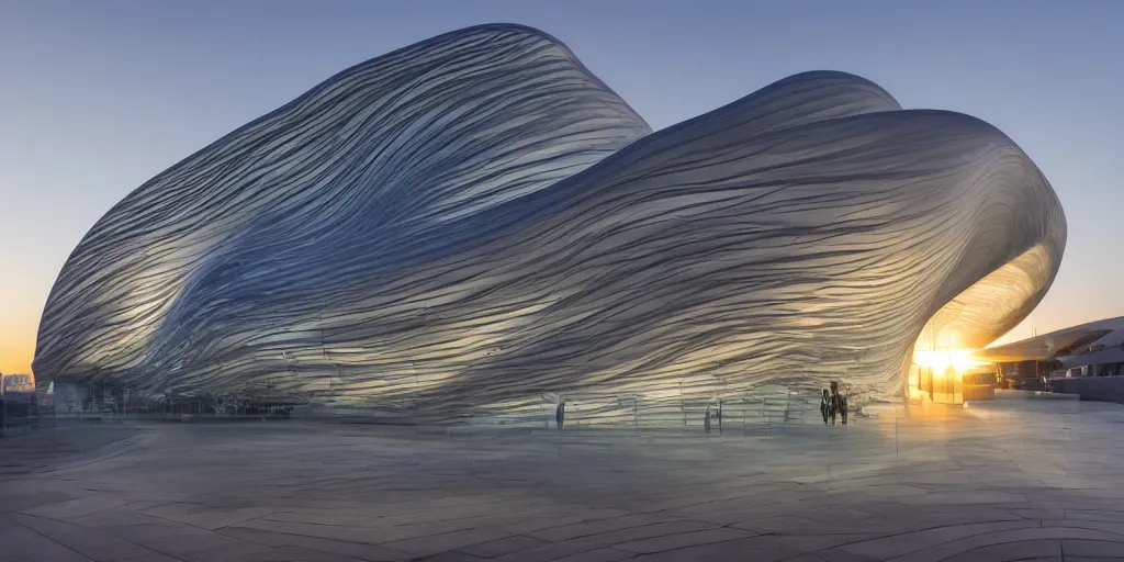 Image similar to extremely detailed awe stunning beautiful futuristic smooth curvilinear museum exterior, translucent gills, zaha hadid, stunning volumetric light, stainless steel, concrete, translucent material, beautiful sunset, hyper real, 8k, colorful, 3D cinematic volumetric light, atmospheric light