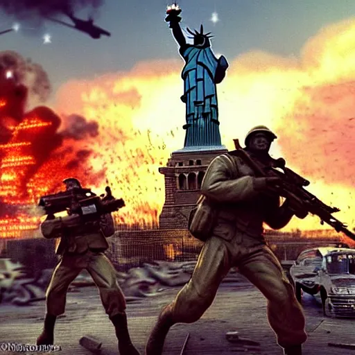 Image similar to The war between the Soviet Union and America, the action takes place in New York, far away against the background of the Statue of Liberty, a lot of soldiers and military equipment, a lot of explosions and tracer bullets, a lot of ruins, a very epic battle, The style of photography of the 80s, very detailed and detailed style