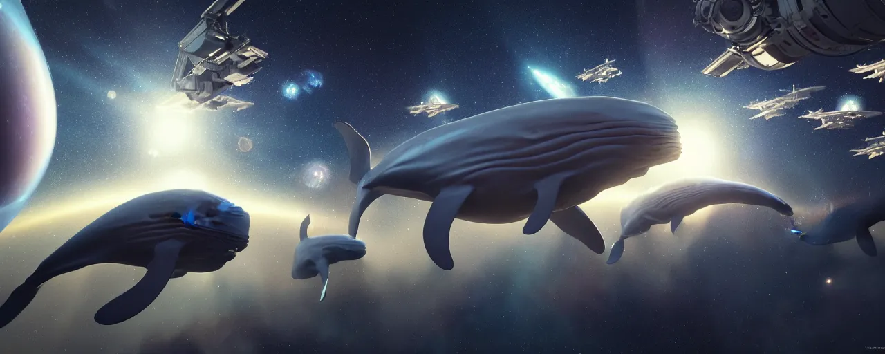 Image similar to highly detailed cinematic scifi render of flying whales over the skies of tuscany, starry night, planets, hyper detailed, digital art, trending in artstation, cinematic lighting, studio quality, smooth render, unreal engine 5 rendered, octane rendered, art style by klimt and nixeu and ian sprigger and wlop and krenz cushart, artstation unreal.