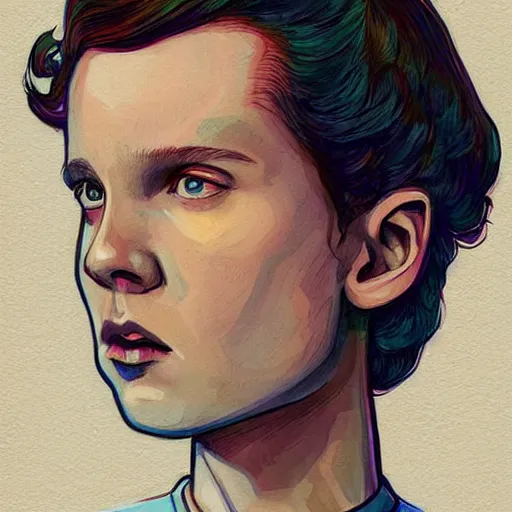 Prompt: beautiful side portrait of Eleven from Stranger things in a scenic environment by ((((martine johanna)))), artstation winner,figurativism!!!, portrait,