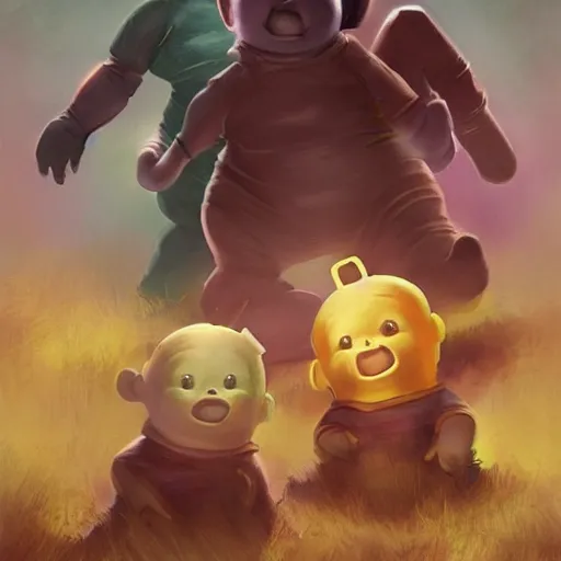 Prompt: teletubbies on a murderous rampage. people flee them in fear., by stjepan sejic, ruan jia, and mandy jurgens, and artgerm, and william adolphe bouguereau 8 k. epic digital art. trending on artstation. trending on deviantart.