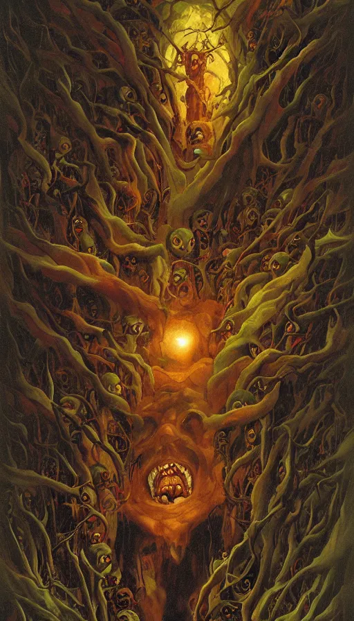 Prompt: a storm vortex made of many demonic eyes and teeth over a forest, by thomas blackshear