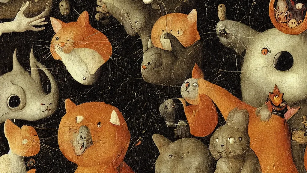 Prompt: detail of a painting by “ hieronymus bosch ” of a closeup view of the monstrous and horrifying “ garfield ” the cat tormenting and teasing sinners in “ the garden of earthly delights ” with odie and nermal.