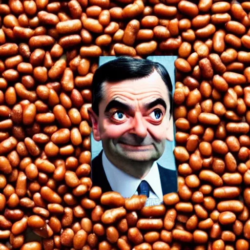 Image similar to photo of mr. bean made out of baked beans