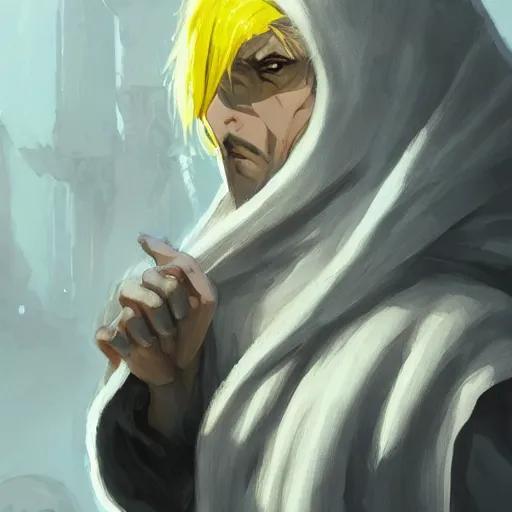 Image similar to a white haired man with yellow eyes, wearing a cultist robe, medieval background, highly detailed, digital painting, artstation, matte, by makoto shinkai, animation style, studio ghibli, anime key visual