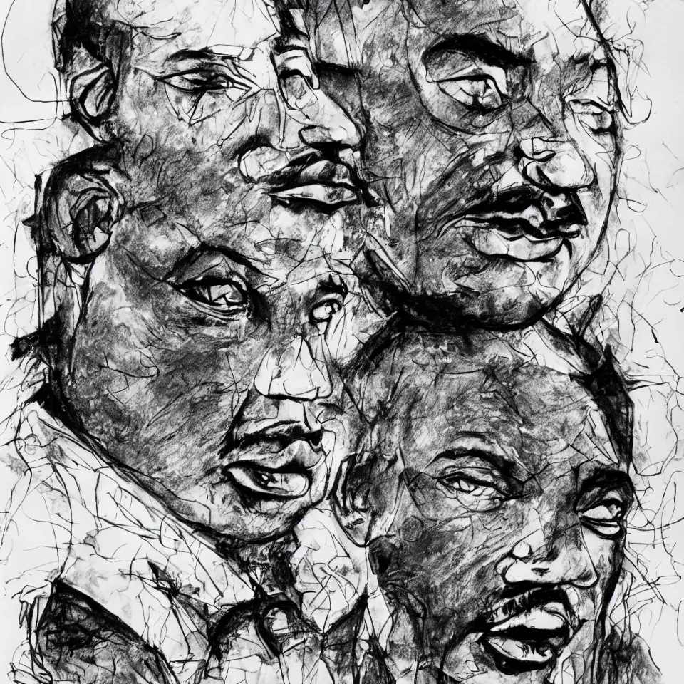 Image similar to A loose messy wild ink sketch portrait of Martin Luther King in the style of Ralph Steadman and Paul Klee, caricature, dramatic