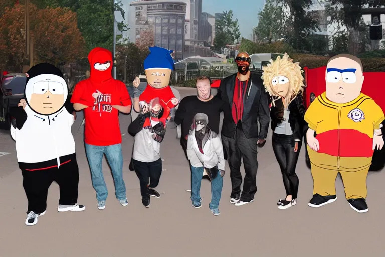 Prompt: crab people south park hyper-realistic photo meeting snoop dogg and eminem