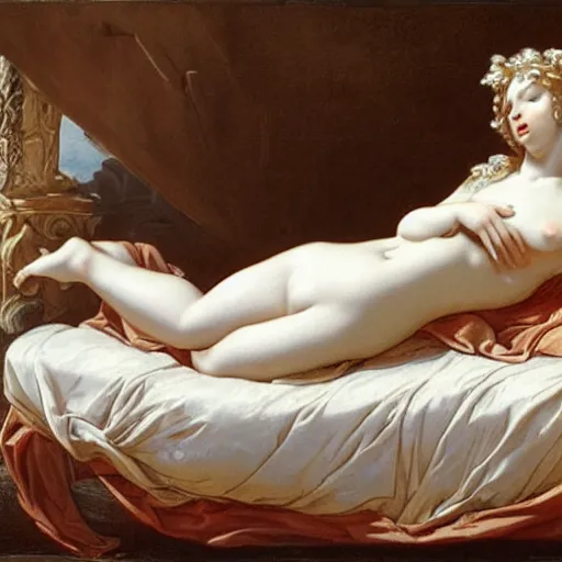 Image similar to by charles le brun, by greg land balmy. a kinetic sculpture of a woman reclining on a bed.