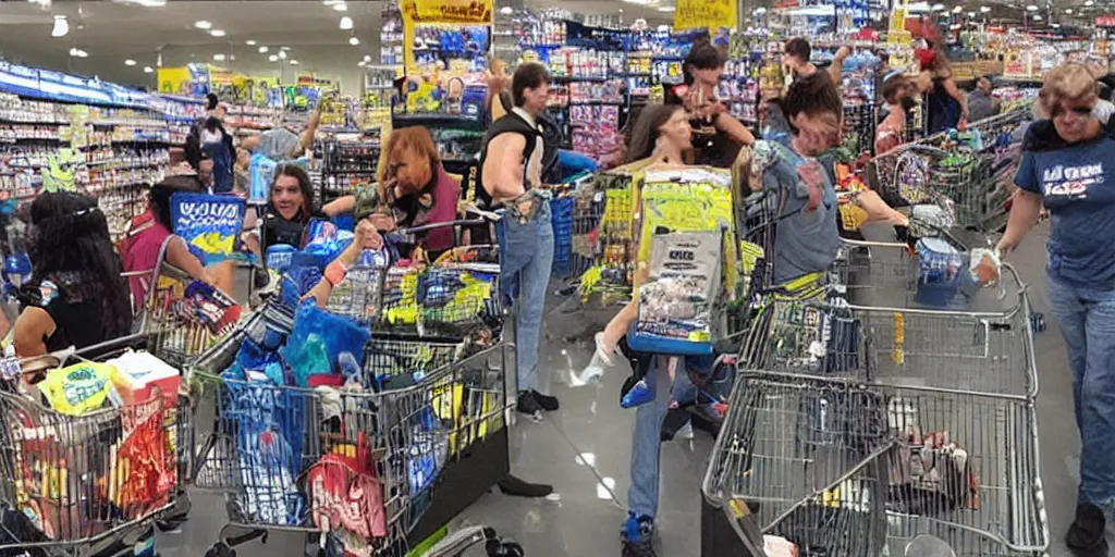 Image similar to a highly detailed photo of aliens fighting with Walmart customers, hilarious