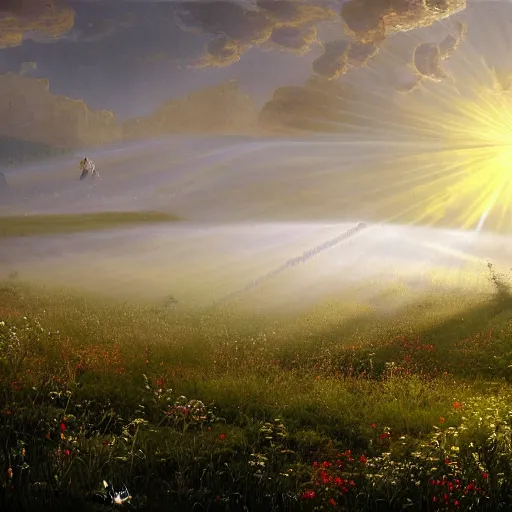 Image similar to rhythmic interval tectonic surfaces as resonant waves of harmonic organic mystical megastructure crystal lattice architectures exploding with light and god rays in a meadow full of wildflowers by albert bierstadt, by glen small, by giovanni battista piranesi, photorealistic, god rays, octane render, depth of field, volumetric light, volumetric fog, holy spirit