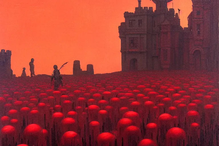 Image similar to only with red, red flowers of different types, red castle in background, red medieval big goblins, in the style of beksinski, parts by edward hopper, parts by rodcenko, parts by yue minjun, intricate and epic composition, red by caravaggio, insanely quality, highly detailed, masterpiece, red light, artstation, 4 k