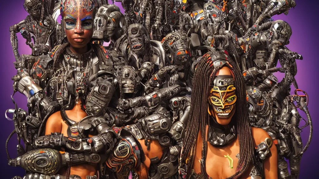 Prompt: army of intricately detailed cyborgs with african masks, armed for war, super hero poses, lots of thick long braids and electrical cables, colorful - patterns, cyber - punk background, professional studio lighting with subtle shadows, hyper realism, art by tim okamura and karol bak, low - angle shot, cinematic shot, blender cycles render, 8 k