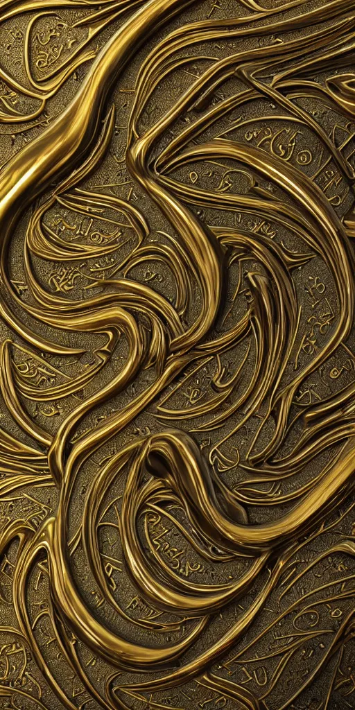 Image similar to a photorealistic render of a 3 d arabic calligraphy, made of liquid metal and marble, cinema 4 d, by zhelong xu, ernst haeckel and mouneer alshaarani, hyper realistic, plain background, 8 k, volumetric lightning, trending on artstation