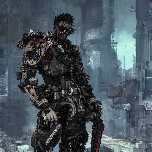 Prompt: a post-apocalyptic cyberpunk grimdark demon in the style of leonard boyarsky in the style of Yoji Shinkawa detailed realistic HD 8k High Resolution