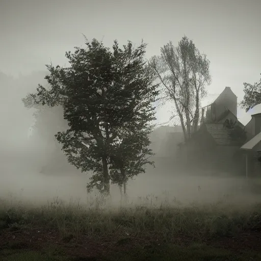 Image similar to poor neighborhood, overgrown, photo taken from a porch, fog rolling along the ground, ethereal, police lights shining off camera