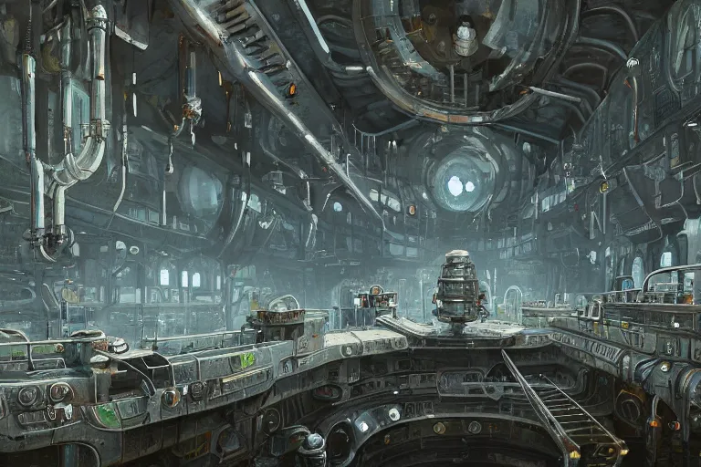 Image similar to A beautiful painting of inside of old abandoned space station with shiny metal pipes in machinarium by yann souetre, Trending on artstation.