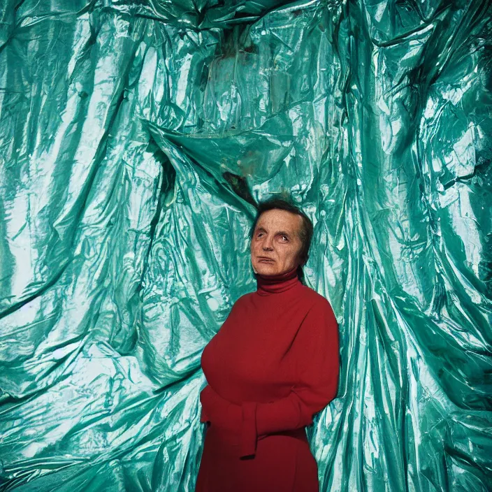 Image similar to closeup portrait of a woman wrapped in teal cellophane, standing in a derelict planetarium, color photograph, by paula rego, canon eos c 3 0 0, ƒ 1. 8, 3 5 mm, 8 k, medium - format print