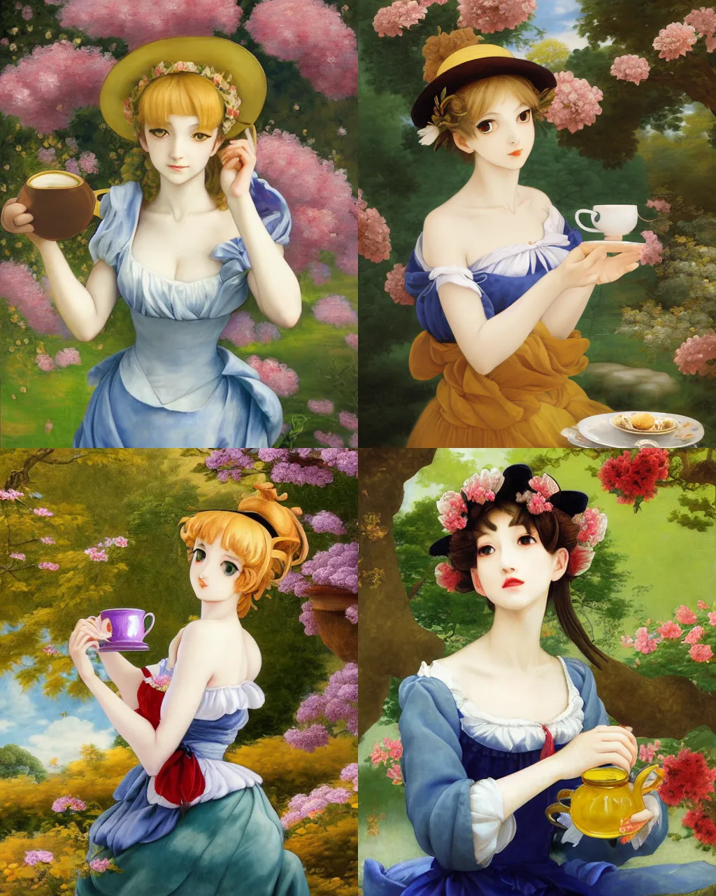 Prompt: oil painting of elegantly dressed touhou character drinking tea in a dreamy garden, beautiful symmetrical face and body, rule of thirds, golden ratio, oil on canvas, highly detailed, warm color scheme art rendition, soft lighting, sharp focus, unique art rendition by adelaide labille - guiard, artemisia gentileschi in high quality anime artstyle