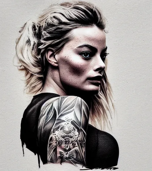 Image similar to tattoo design sketch double exposure of margot robbie blended with beautiful mountain scenery, creative mash up, in the style of arlo dicristina, surrealist, amazing detail, sharp