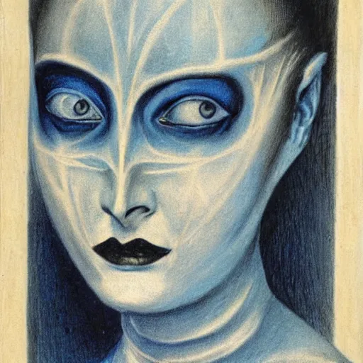 Image similar to Close-up of the cenobite woman, pencil drawing. El Greco, Remedios Varo, Salvador Dali, Carl Gustav Carus, John Atkinson Grimshaw. Blue tint. Symetrical, logo, geometric shapes.