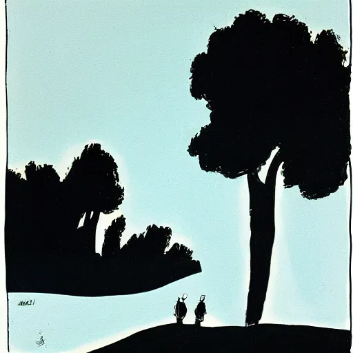 Image similar to a landscape and two silhouettes by tomi hungerer, illustration