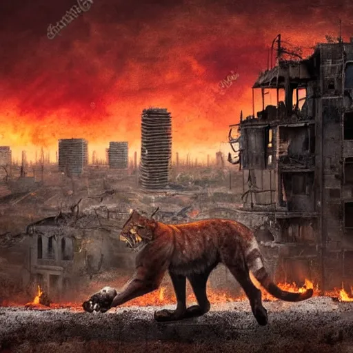 Image similar to big cat watching a ruined post-apocalyptic city under burning red sky, photorealistic