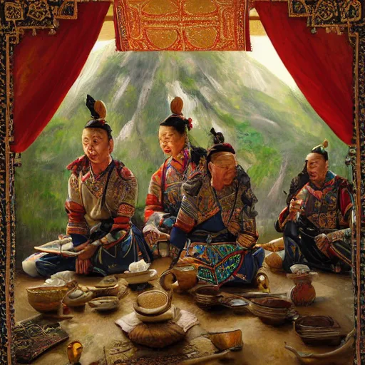 Prompt: portrait of smart tai warlords sit in tai ethnic group traditional tent, tai interior decoration, oil painting, fantasy, detailed and intricate environment