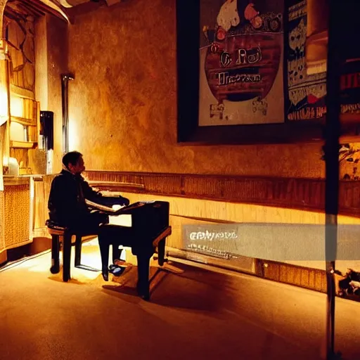 Prompt: a cat playing piano in a bar, at night