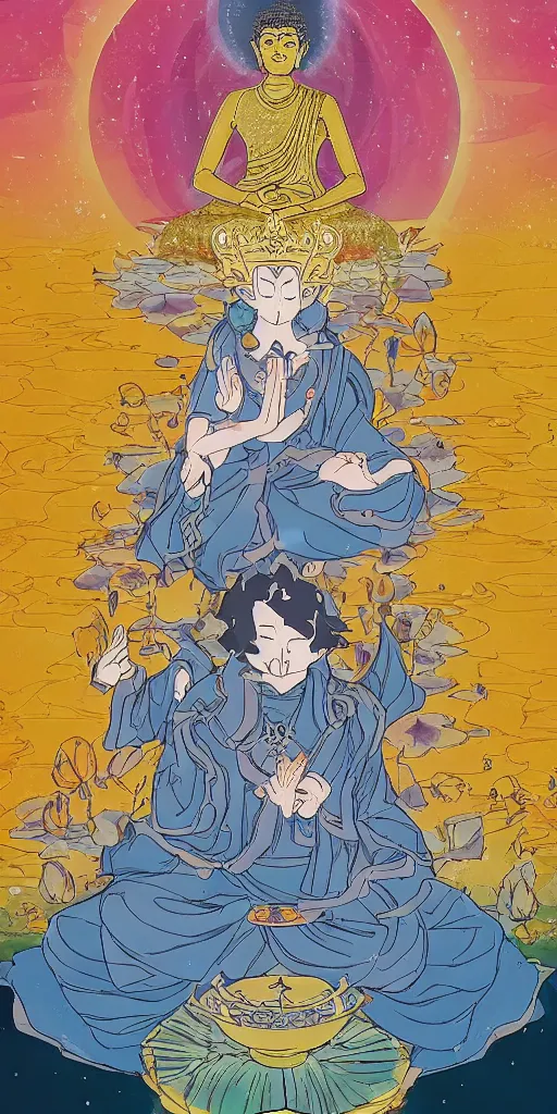 Image similar to buddha sitting on a throne of ice surrounded by lotus flowers drawn by studio trigger, in the style of Little Witch Academia, spiritual enlightenment, tarot card, Tarot card the Hierophant,