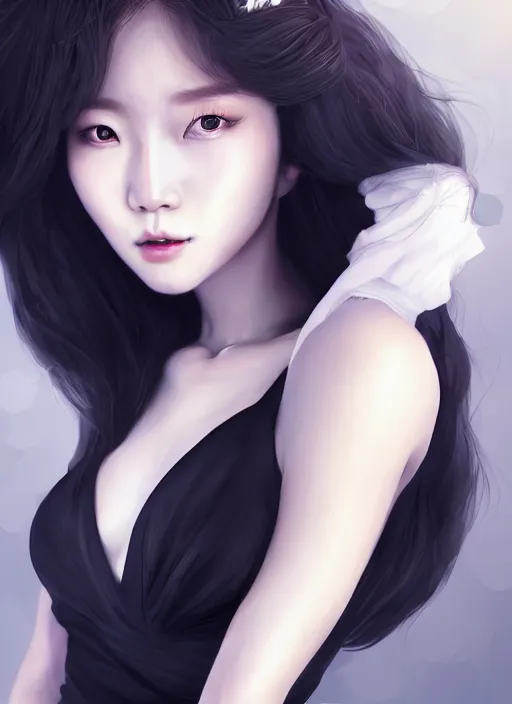 Prompt: beautiful korean fashion goddness, strapless dress, character portrait in the style of thomas river and artgerm, wlop, cinematic lighting, hyperdetailed, 8 k realistic, symmetrical, global illumination, radiant light, halo, love and mercy, frostbite 3 engine, cryengine, dof, trending on artstation, digital art, chanel