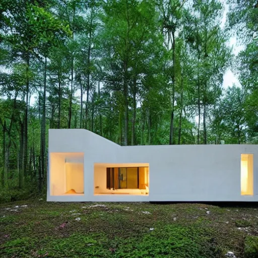 Prompt: cozy futuristic organic white concrete house in the middle of a lush and dense forest at night, a beautiful lake next to it, night time, night sky, starry night sky, atmospheric