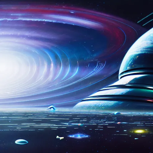 Image similar to a cinematic view of an orbital space habitat, complex organic computers, retrofuturism, sci - fi art, oil on canvas, nebula waterfalls, hard sufaces, details, hyper - detailed, hd, hdr, 4 k, 8 k