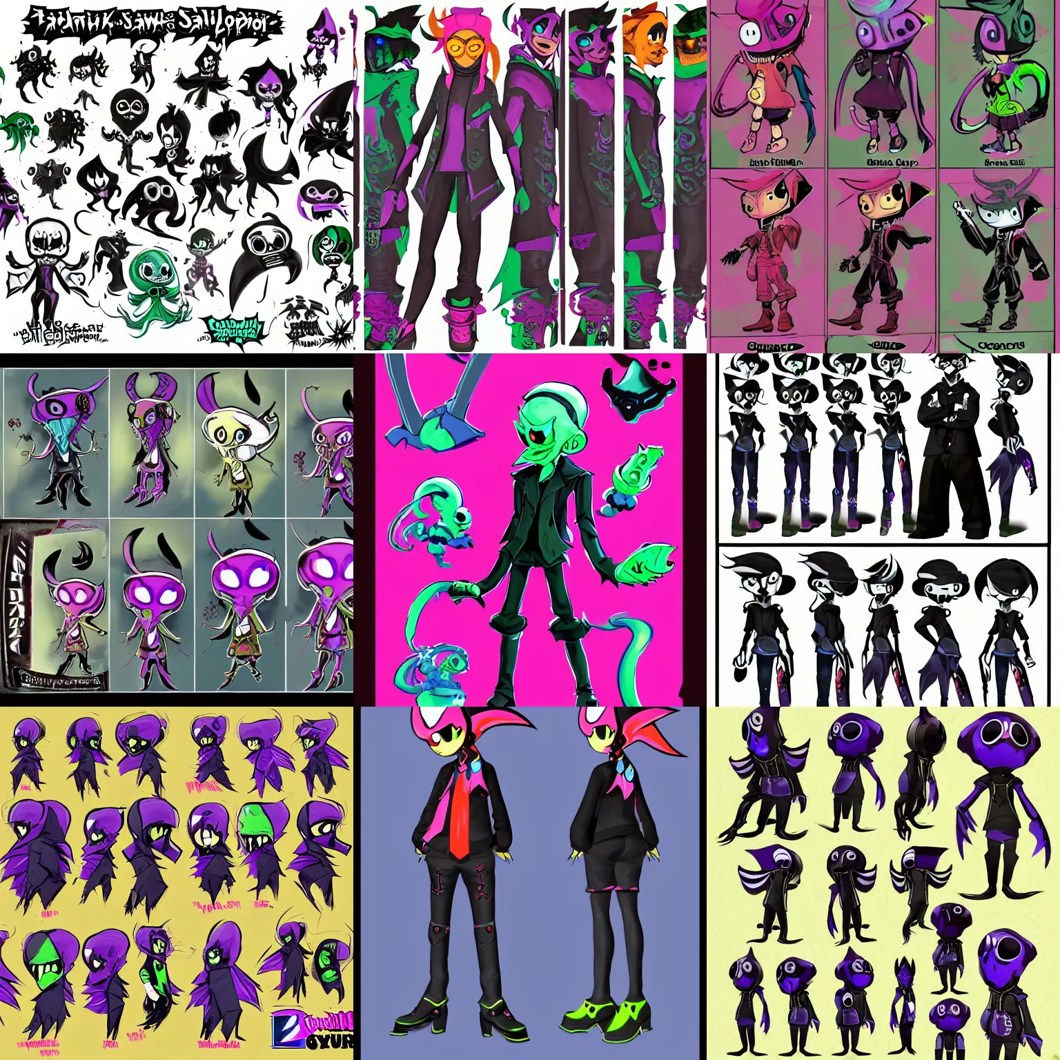 Prompt: character design sheets for a new vampire squid character, artwork in the style of splatoon from nintendo, art by tim schafer from double fine studios, black light, neon, spray paint, punk outfit, tall thin adult character, fully clothed, gothic