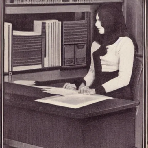 Image similar to a portrait of a secretary sitting behind a desk, 1 9 7 0 th knitted burda style,