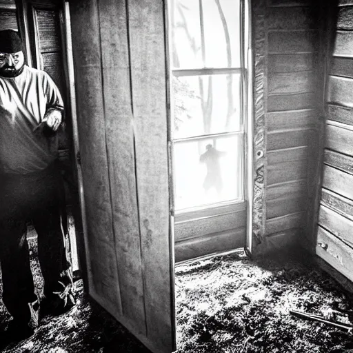 Image similar to locked in a cabin in the woods : a horror story come to life, this photo idea features a person locked in a cabin with a madman outside, trying to get in.