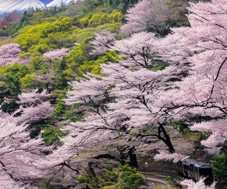 Prompt: a photo of mount fuji, japanese landscape, sakura trees, seen from a window of a train. beautiful!!!