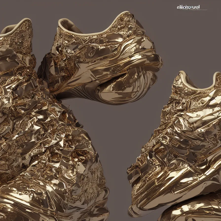 Image similar to futuristic balenciaga sneakers, nft art, highly detailed, hyper realistic, a ton of bussdown iced gold bling in wallace & gromit strata - cut claymation, ultra realistic, concept art, intricate details, serious, highly detailed, photorealistic, octane render, 8 k, unreal engine