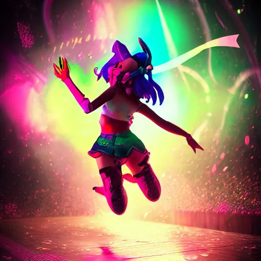 Image similar to a girl like jinx and Princess peach, dancing, background jet ground radio, fullshot, raytrayced, octane render,volumetric lighting, epic composition, intricate details, dark neon punk, by myanko