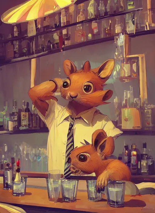 Image similar to squirrel anthro as a dapper bartender with a big, fluffy tail, retro futurism, art deco, detailed, painterly digital art by WLOP and Cory Loftis and Ismail Inceoglu, 🐿🍸🍋, furaffinity, trending on artstation