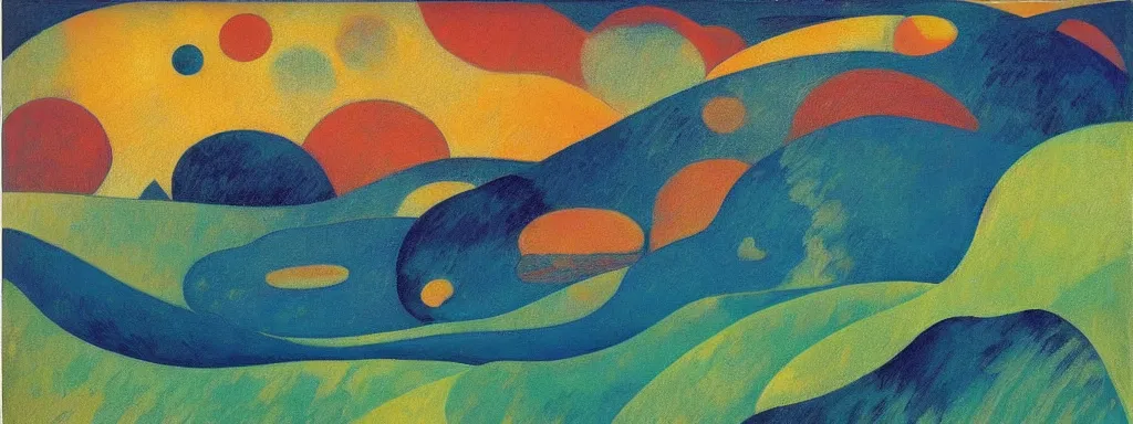 Image similar to An insane, modernist landscape painting. Wild energy patterns rippling in all directions. Curves, organic, zig-zags. Mountains, clouds. Rushing water. Waves. Psychedelic dream world. Odilon Redon. Alex Katz.