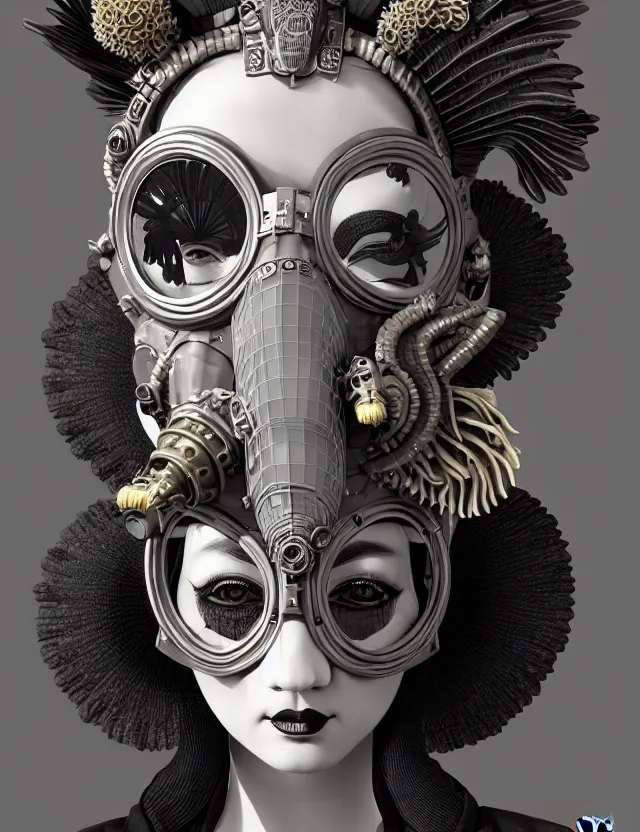 Image similar to 3 d goddess close - up profile punk portrait with vintage gas mask ram skull. beautiful intricately detailed japanese crow kitsune mask and clasical japanese kimono. betta fish, jellyfish phoenix, bio luminescent, plasma, ice, water, wind, creature, artwork by tooth wu and wlop and beeple and greg rutkowski