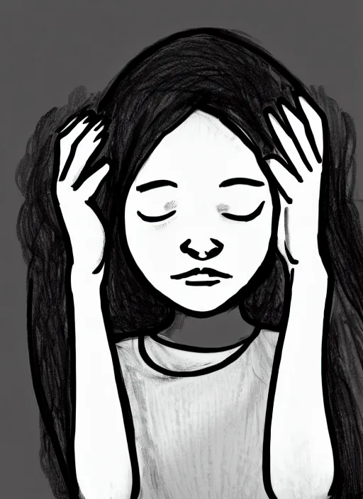 Image similar to high quality sketch of a girl supporting her head with her hands. close up